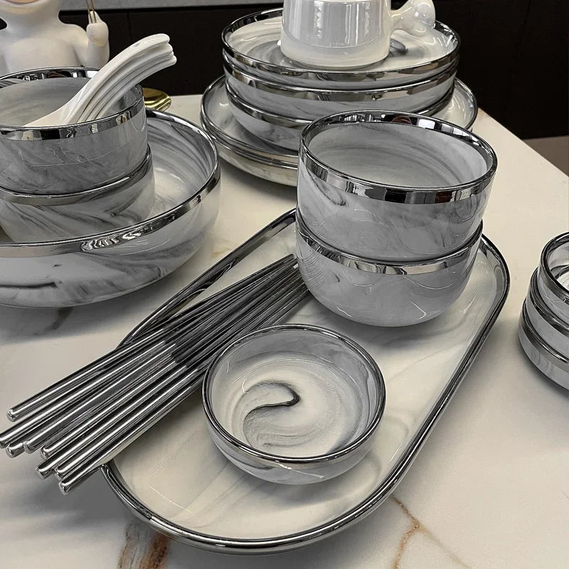 Marble Patterned Light Luxury Silver Edged Household Dishes, Spoons, High-end Dishes, Ceramic Soup Bowls, Modern Tableware