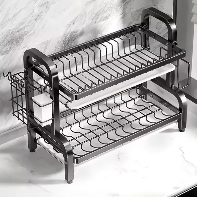 2025 NEW Dish Drying Rack 2-Tier Compact Kitchen Dish Rack Drainboard Set Large Rust-Proof Dish Drainer with Utensil Holder