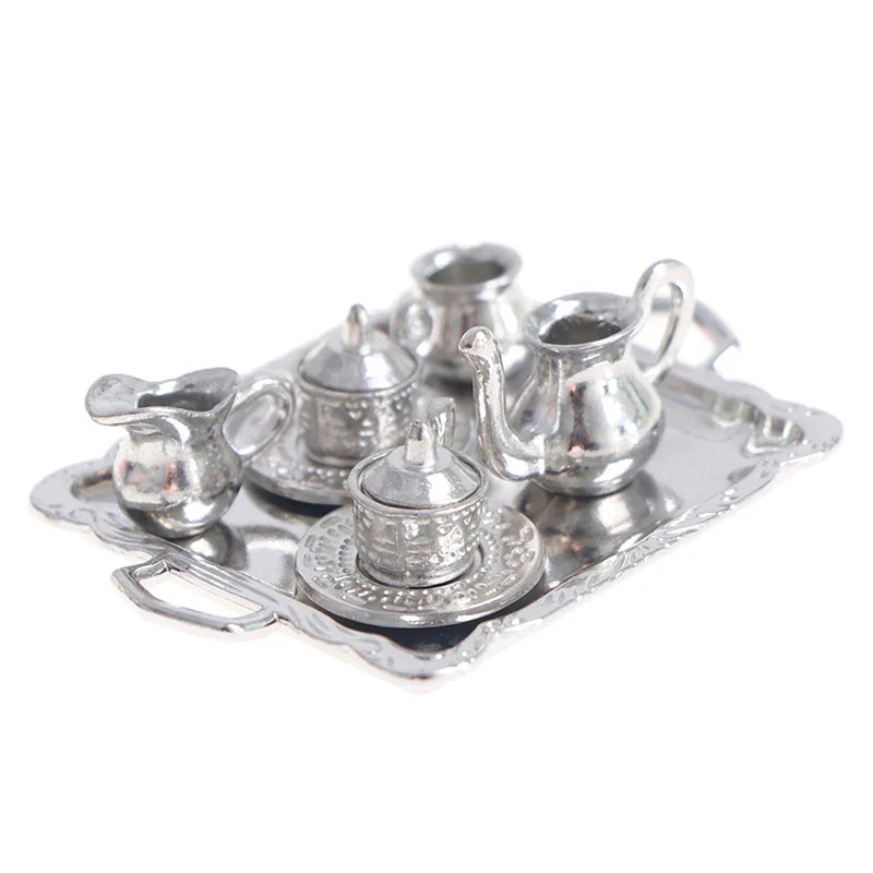 10pcs/Set 1/12 Dollhouse Miniature Silver Metal Tea Coffee Tray Model Kitchen Tableware Set For Doll House Decor Kids Toys Gift