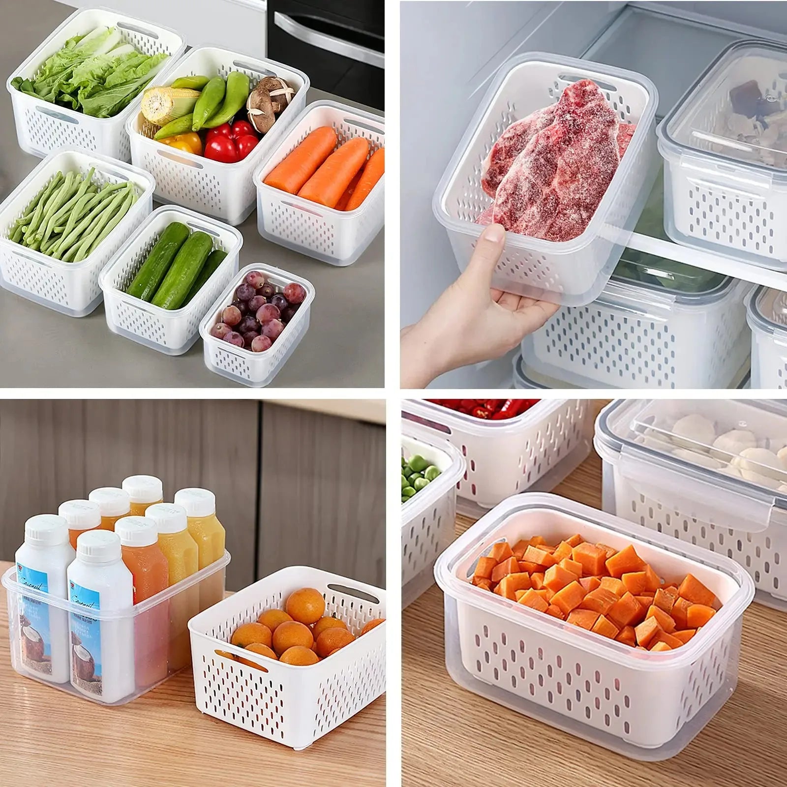 3Pack Fridge Food Storage Container Set with Lids with Strainer Kitchen Storage Boxes Fruit Vegetable  Organizer