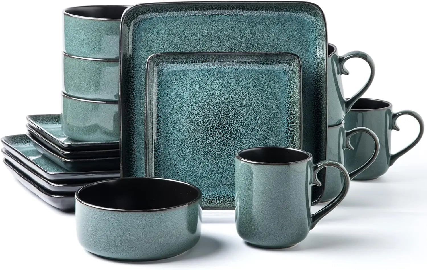 Square Stoneware Dinnerware Set for 4, Dinner Plates, Side Plates, Cereal Bowls, Mugs - Reactive Glaze