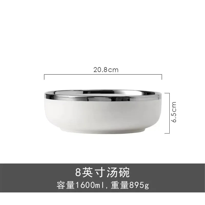 Marble Patterned Light Luxury Silver Edged Household Dishes, Spoons, High-end Dishes, Ceramic Soup Bowls, Modern Tableware