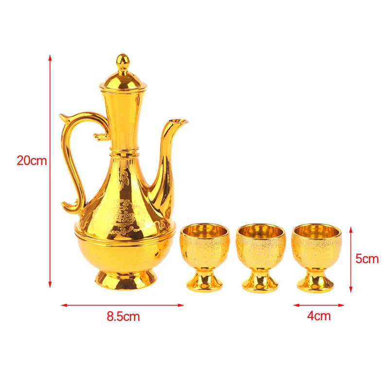 1set Wine Kettle Coffee Pot Set Vintage Wine Glasses Jug Exquisite Tea Pot Golden Teapot Household Classic Temple Offering Cup