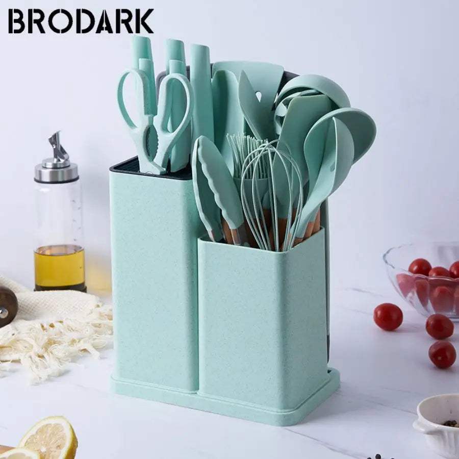 Bucket Silicone Kitchenware Set Of 19 Pieces, Food Grade Silicone Cooking Spoon Shovel Cutting Chopping Board Fruit Knif