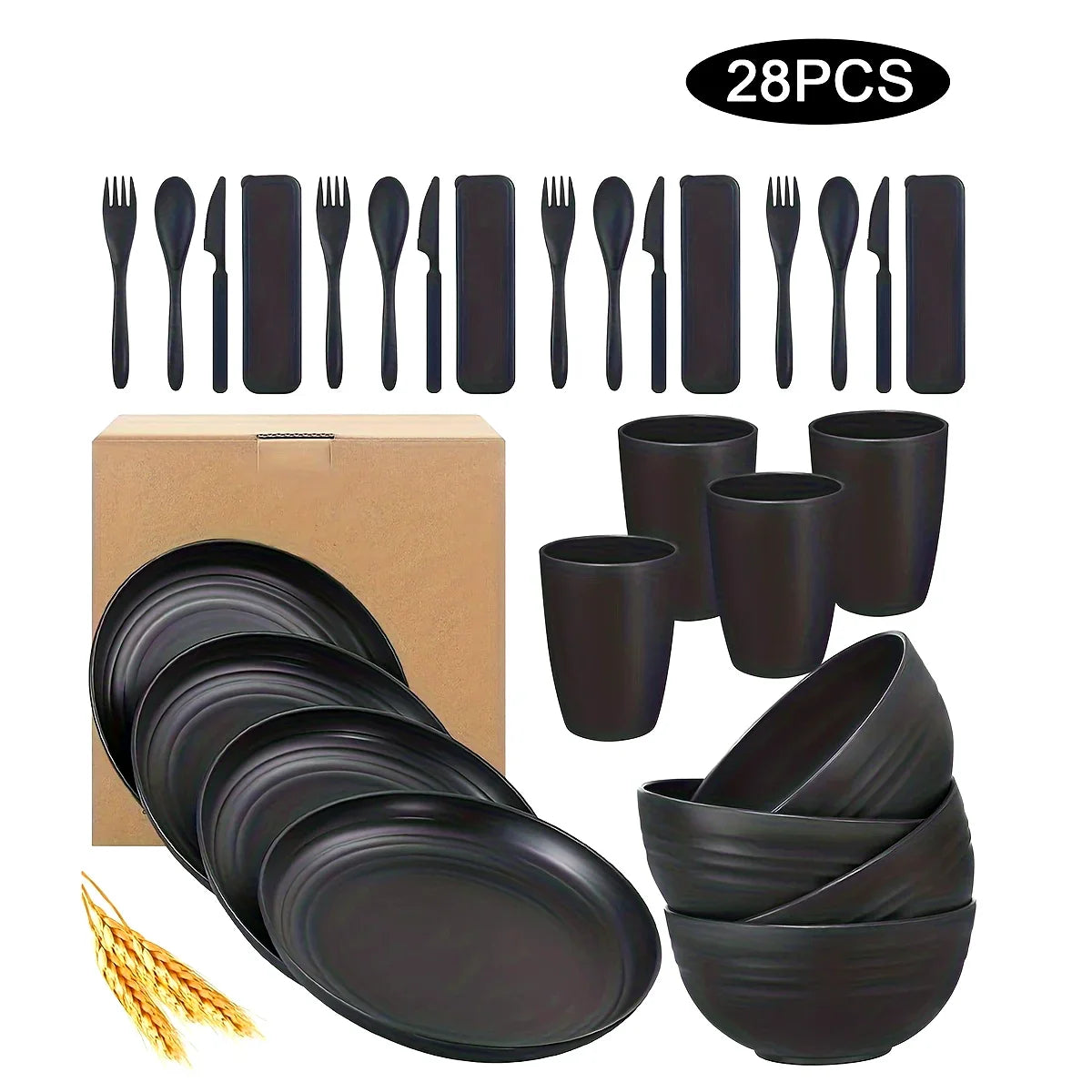 28Pcs Plastic Tableware Set Includes Plates, Bowls, Cups, Knives, Spoons, Forks, and a Cutlery Storage Box - Suitable for Home,