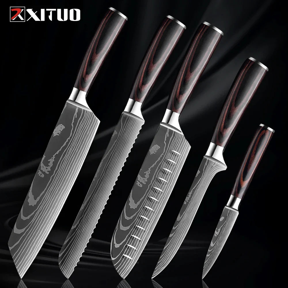 Professional Kitchen Knife Set 1-9PCS, Sharp Chef Knife Santoku Knife Fruit knife 7Cr17Mov Stainless Steel Ergonomic Wood Handle