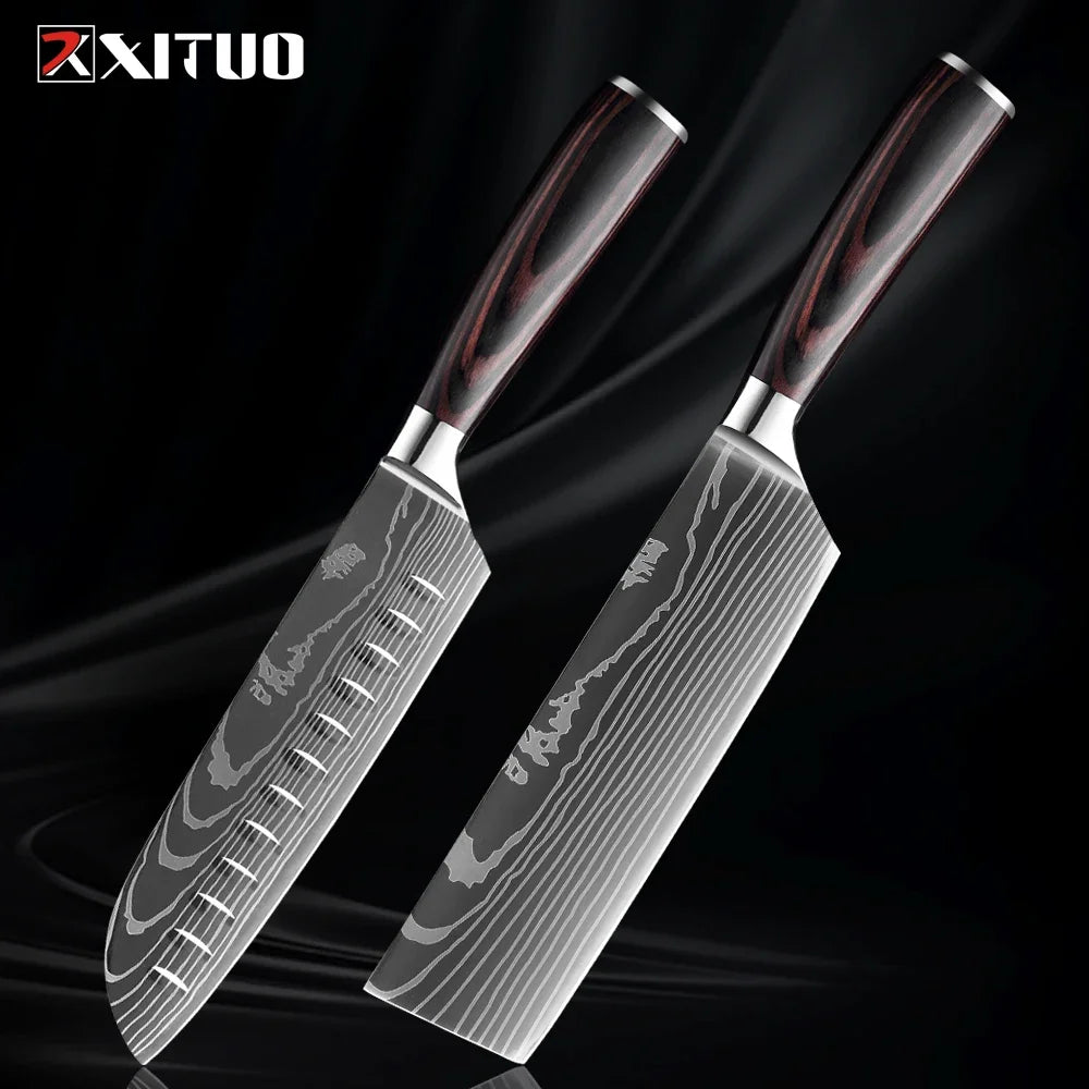 Professional Kitchen Knife Set 1-9PCS, Sharp Chef Knife Santoku Knife Fruit knife 7Cr17Mov Stainless Steel Ergonomic Wood Handle