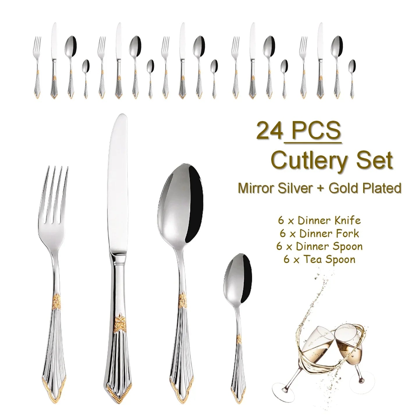 4/8/12/16/20/24/28 PCS Luxury Gold Plated Flatware Set Dishwasher Safe Cutlery Antique Silverware With Hollow Handle Table Knife