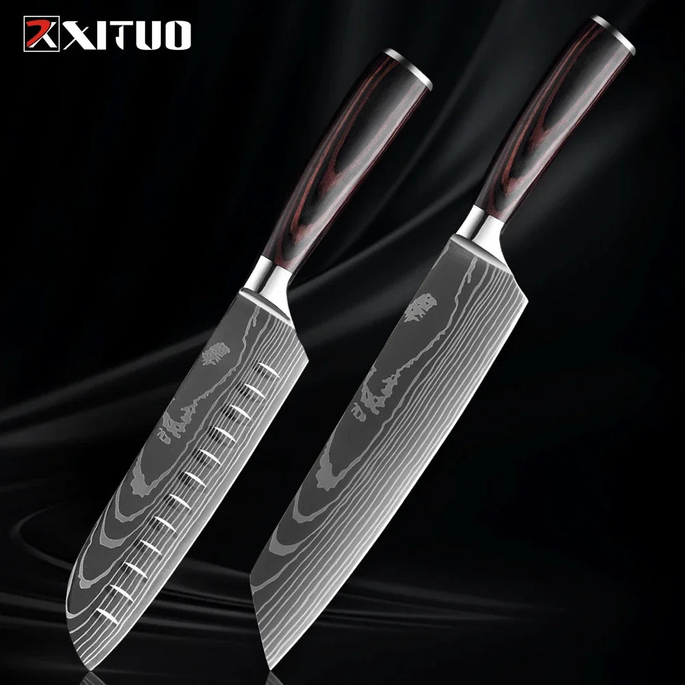 Professional Kitchen Knife Set 1-9PCS, Sharp Chef Knife Santoku Knife Fruit knife 7Cr17Mov Stainless Steel Ergonomic Wood Handle