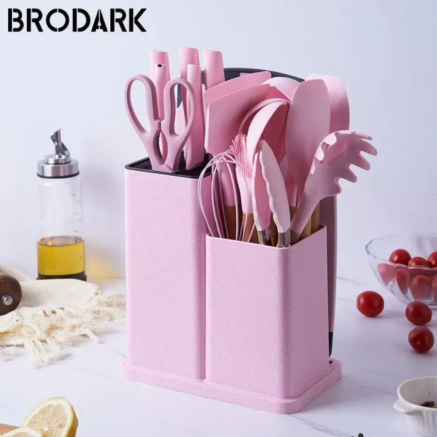 Bucket Silicone Kitchenware Set Of 19 Pieces, Food Grade Silicone Cooking Spoon Shovel Cutting Chopping Board Fruit Knif