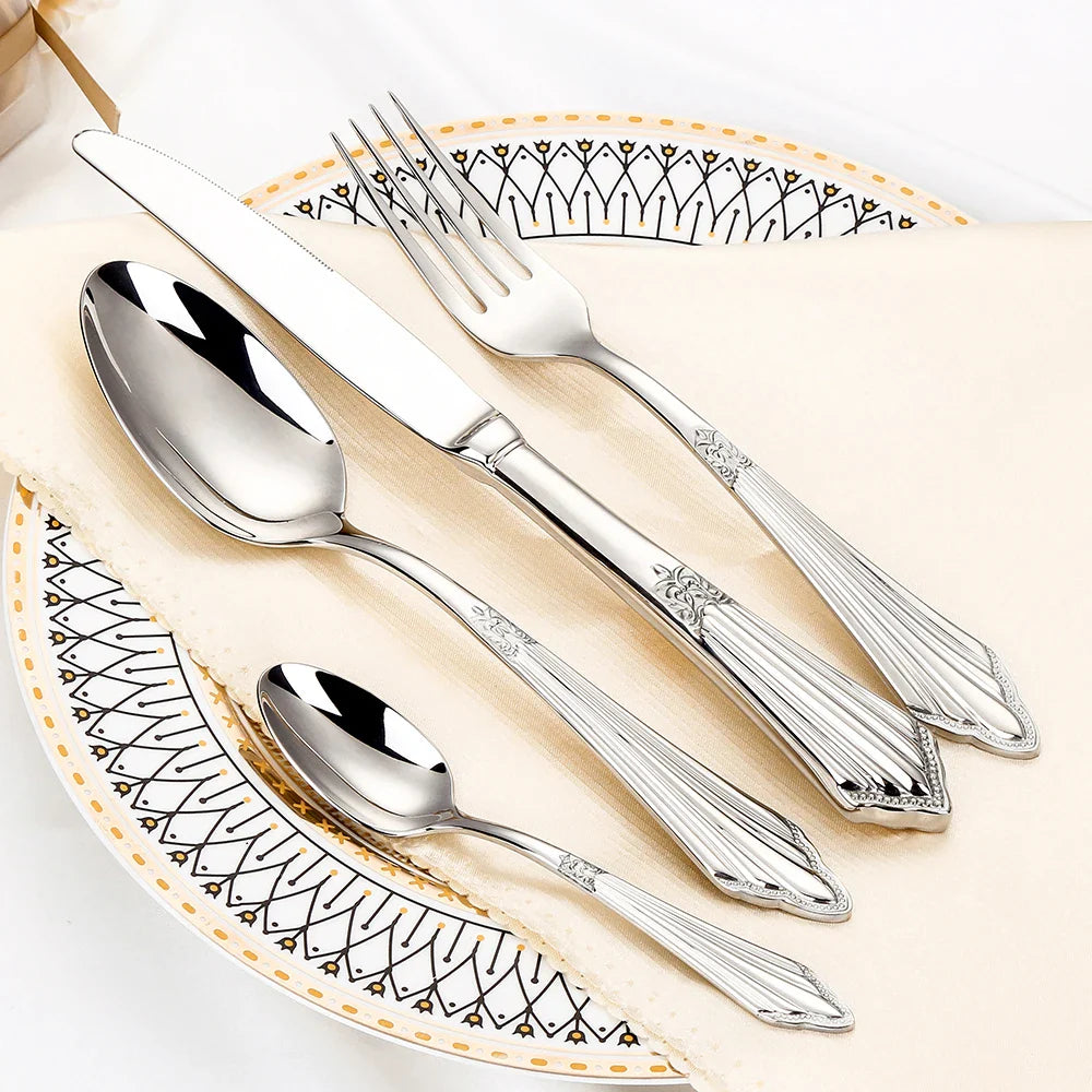 4/8/12/16/20/24/28 PCS Luxury Gold Plated Flatware Set Dishwasher Safe Cutlery Antique Silverware With Hollow Handle Table Knife