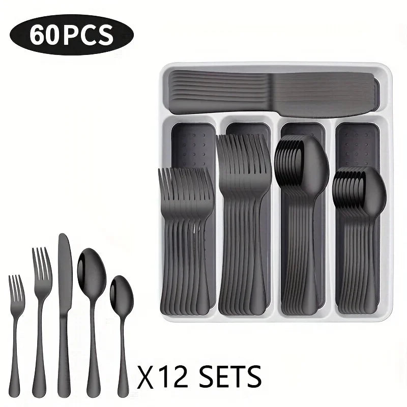 60 Pieces Cutlery Set with Drawer Storage Box Including Knives, Forks Spoons  Dishwasher Safe Suitable Dinnerware Set