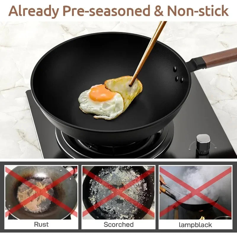 Carbon Steel Wok, 13-Inch, Pre-Seasoned, Non-Stick, with Lid and Spatula, Flat Bottom, Ideal for Stovetop Cooking