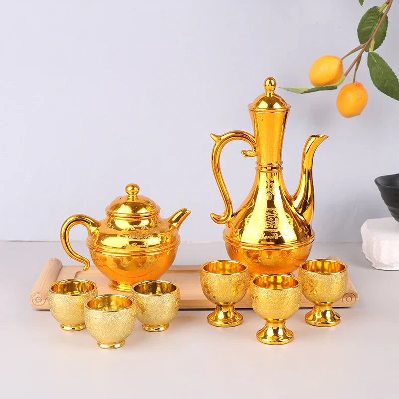 1set Wine Kettle Coffee Pot Set Vintage Wine Glasses Jug Exquisite Tea Pot Golden Teapot Household Classic Temple Offering Cup