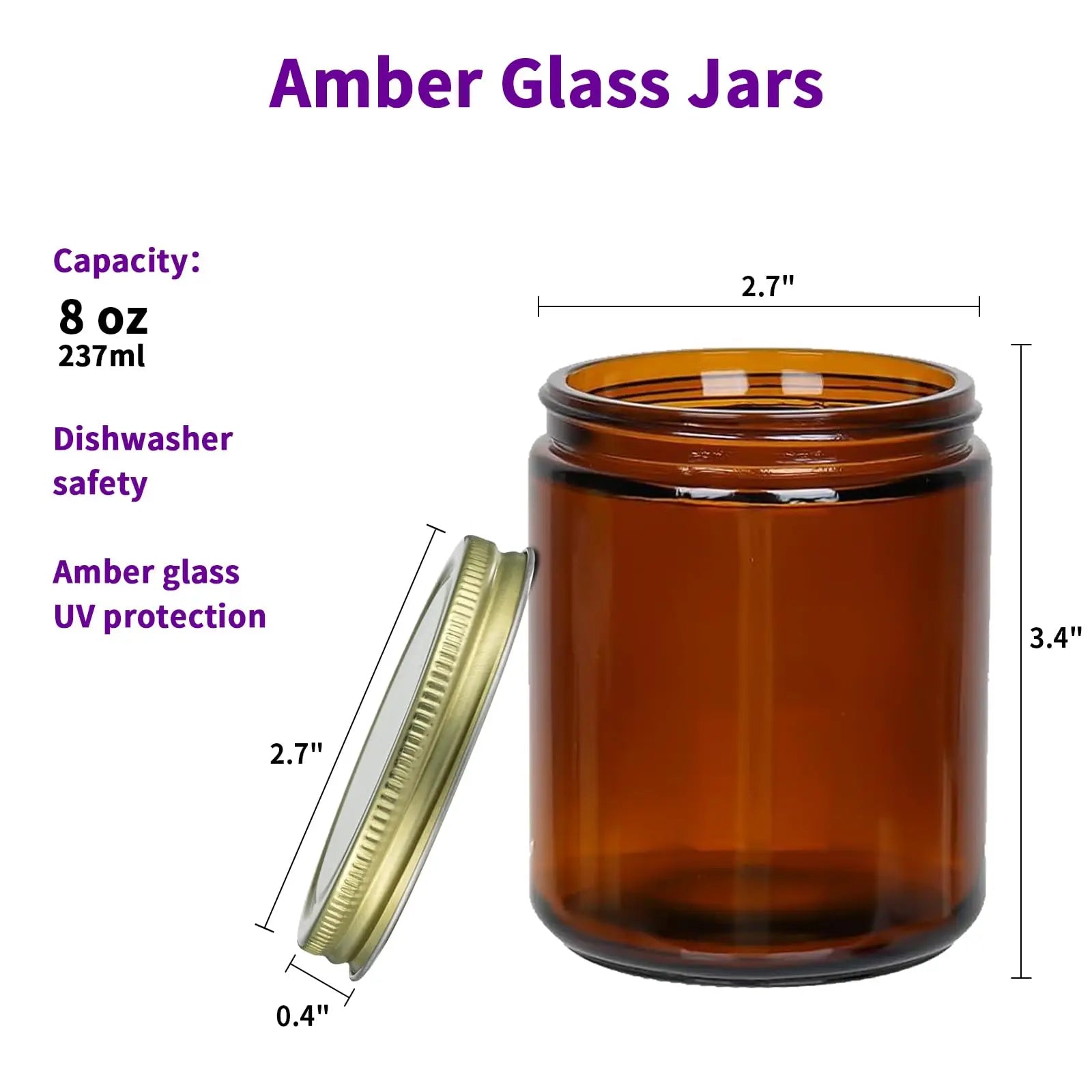 12 Pack Amber Glass Jars with Lids 8 Oz Glass Jars Small Canning Jar for Making Candles, Food Storage, Spices