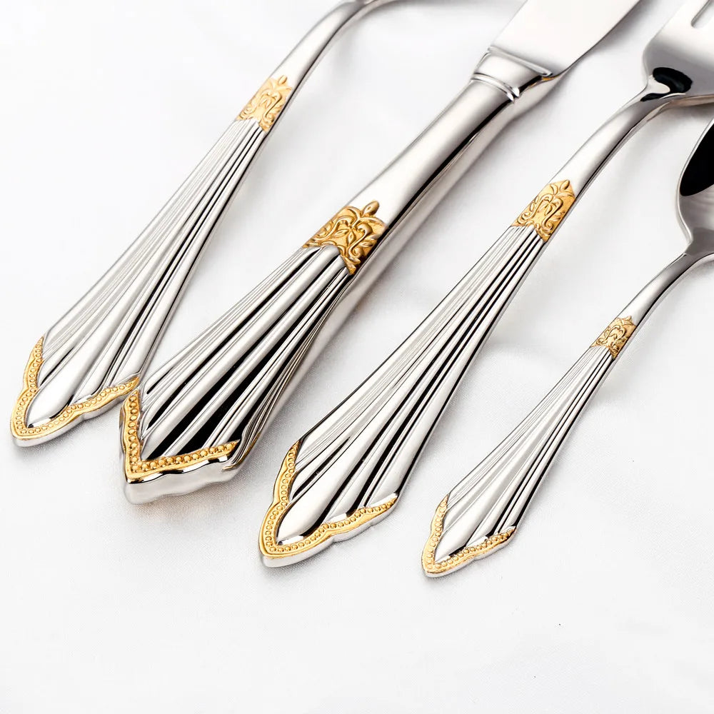 4/8/12/16/20/24/28 PCS Luxury Gold Plated Flatware Set Dishwasher Safe Cutlery Antique Silverware With Hollow Handle Table Knife