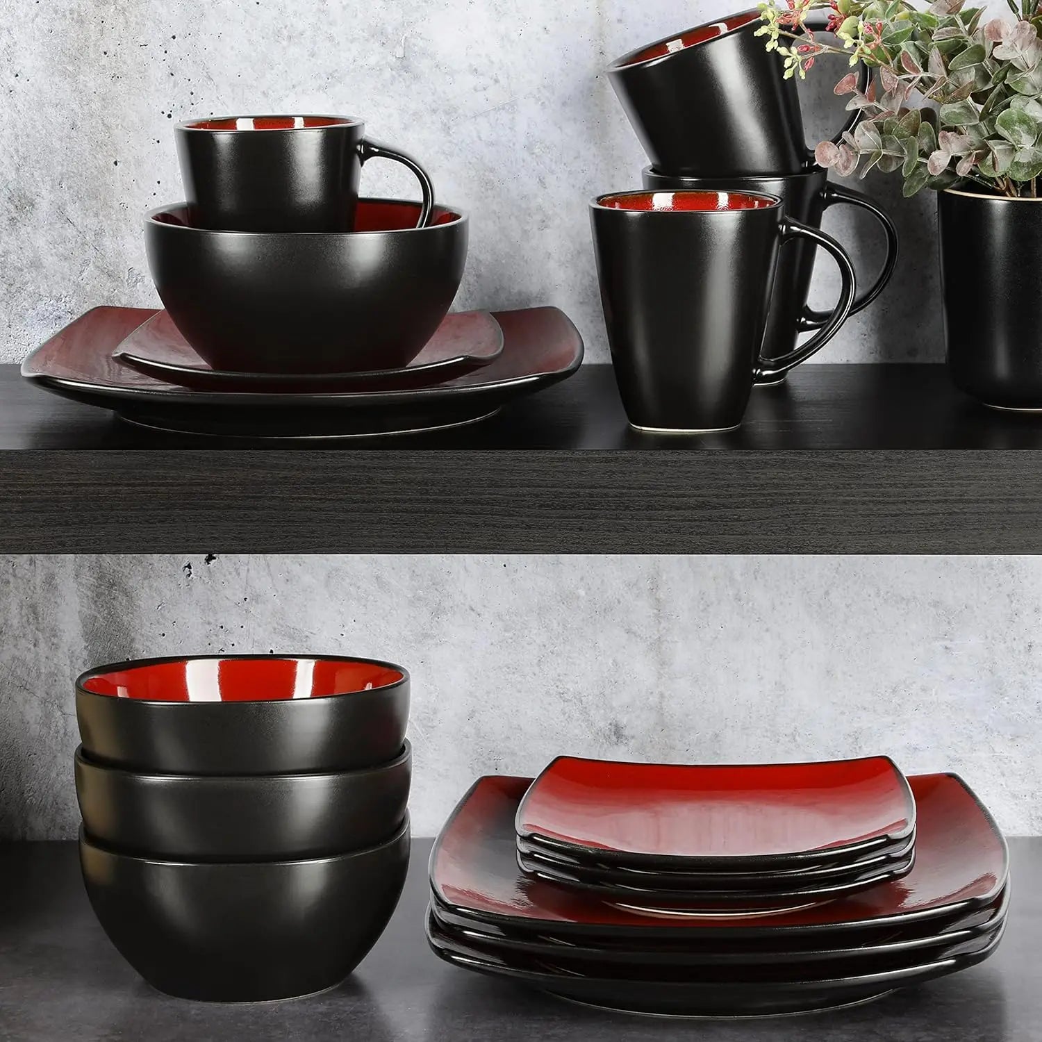 Gibson Soho Lounge Square Reactive Glaze Dinnerware Set, Red, Service for 4 (16pcs)