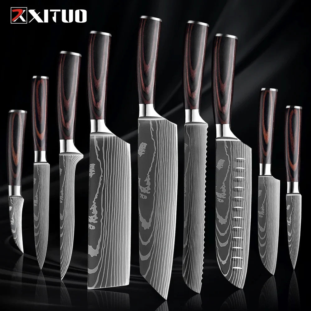 Professional Kitchen Knife Set 1-9PCS, Sharp Chef Knife Santoku Knife Fruit knife 7Cr17Mov Stainless Steel Ergonomic Wood Handle