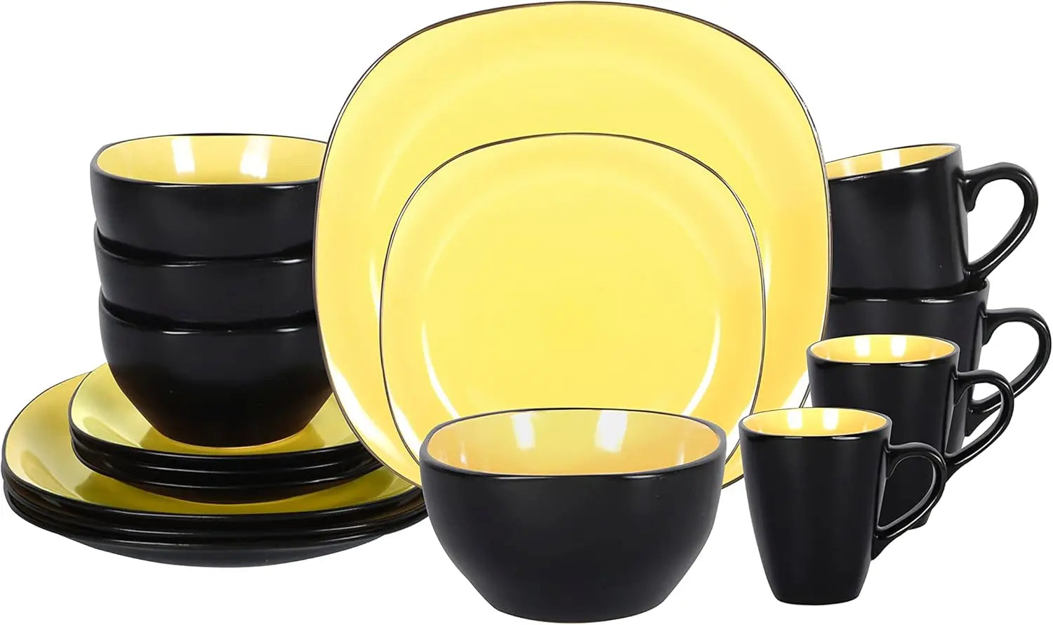 Stoneware Square 16pc Dinnerware Set, Inside Shiny Purple and Outside Matte Black