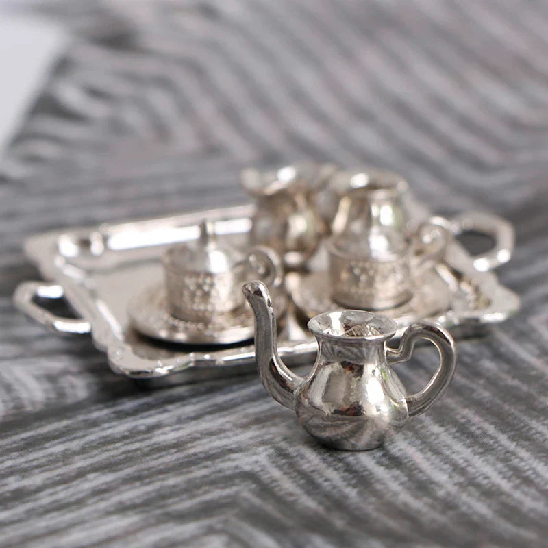 10pcs/Set 1/12 Dollhouse Miniature Silver Metal Tea Coffee Tray Model Kitchen Tableware Set For Doll House Decor Kids Toys Gift