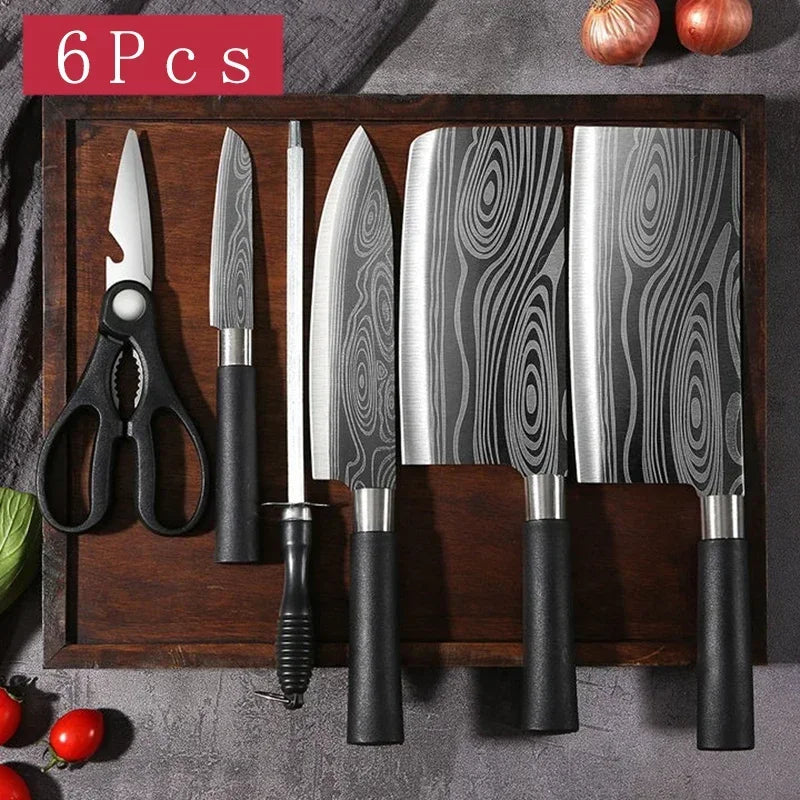 Kitchen Knives Scissors Sharpening Rod Set Laser Damascus Pattern Utility Stainless Steel Sharp Slicing Chef knife Cooking Tool