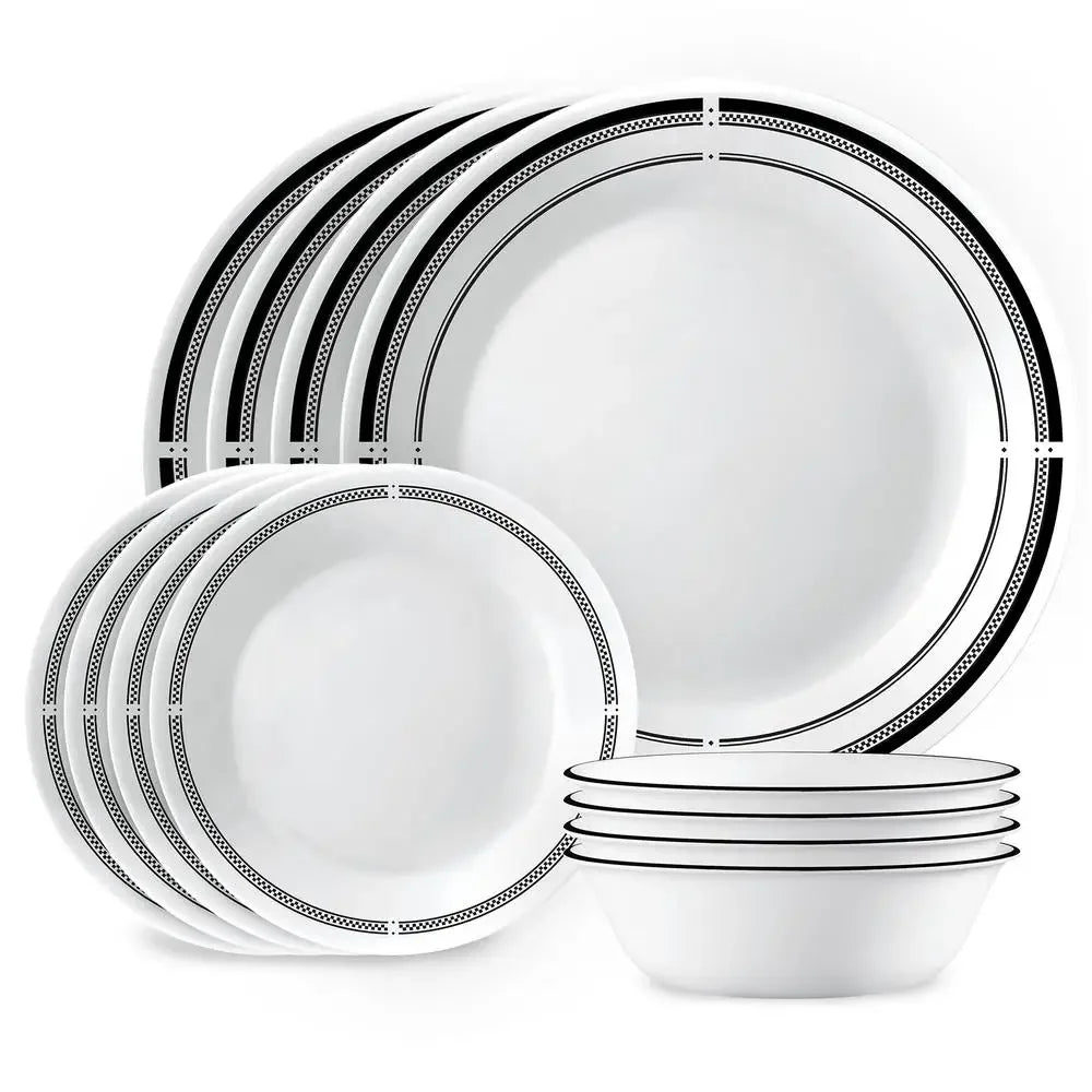 Iconic Brasserie Style Dinnerware Set 12-Piece Serves 4 Dishwasher & Microwave Safe Glass Material Black Rims Parisian Bistro