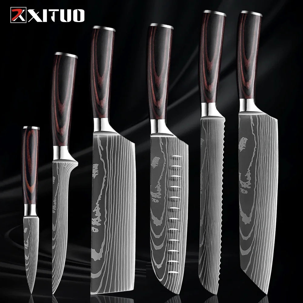 Professional Kitchen Knife Set 1-9PCS, Sharp Chef Knife Santoku Knife Fruit knife 7Cr17Mov Stainless Steel Ergonomic Wood Handle