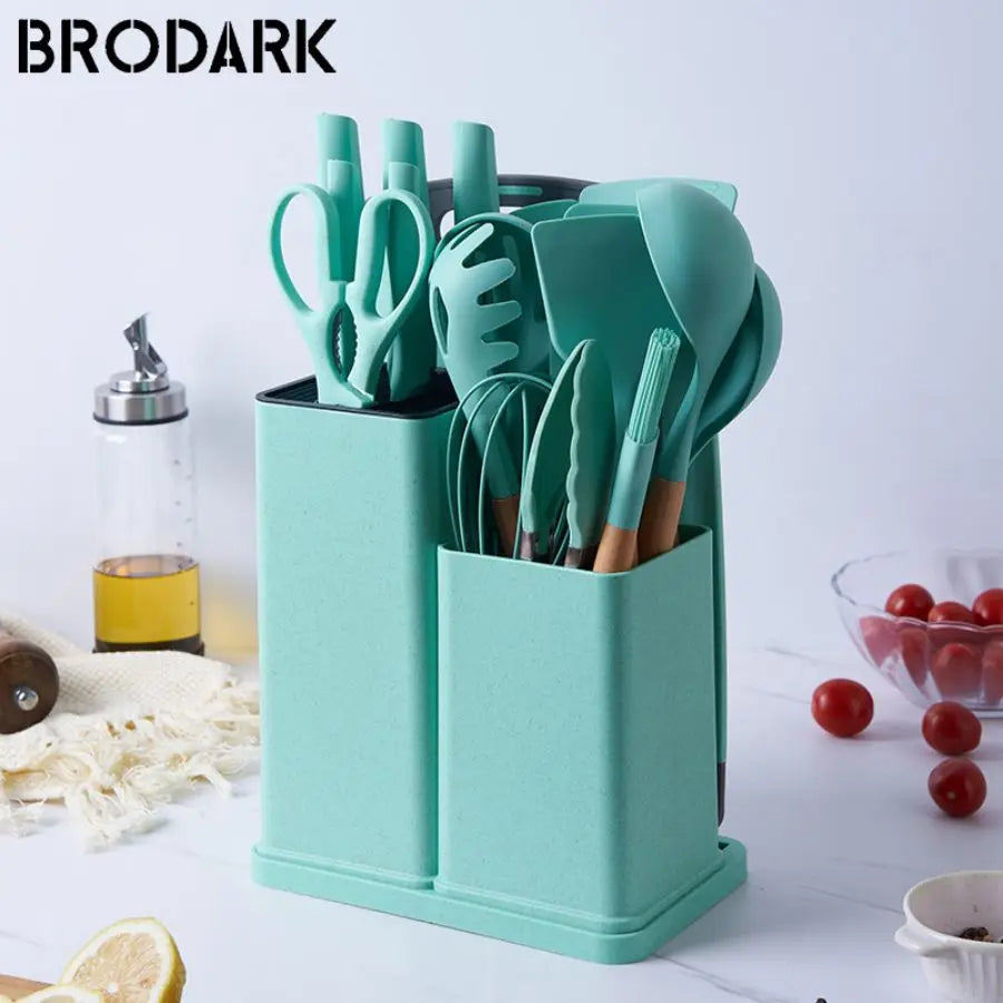 Bucket Silicone Kitchenware Set Of 19 Pieces, Food Grade Silicone Cooking Spoon Shovel Cutting Chopping Board Fruit Knif