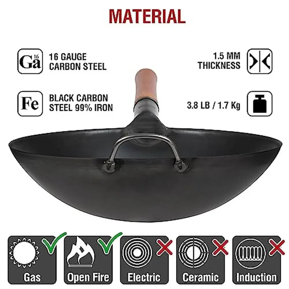 Carbon Steel Wok Pan 14" Round Bottom Traditional Japanese Chinese Stir Fry BBQ Grill Gas Stovetop Compatible Pan Pre-Seasoned