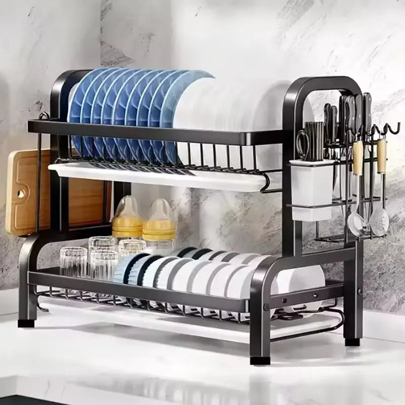 2025 NEW Dish Drying Rack 2-Tier Compact Kitchen Dish Rack Drainboard Set Large Rust-Proof Dish Drainer with Utensil Holder