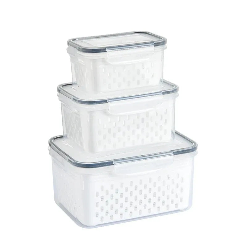 3Pack Fridge Food Storage Container Set with Lids with Strainer Kitchen Storage Boxes Fruit Vegetable  Organizer