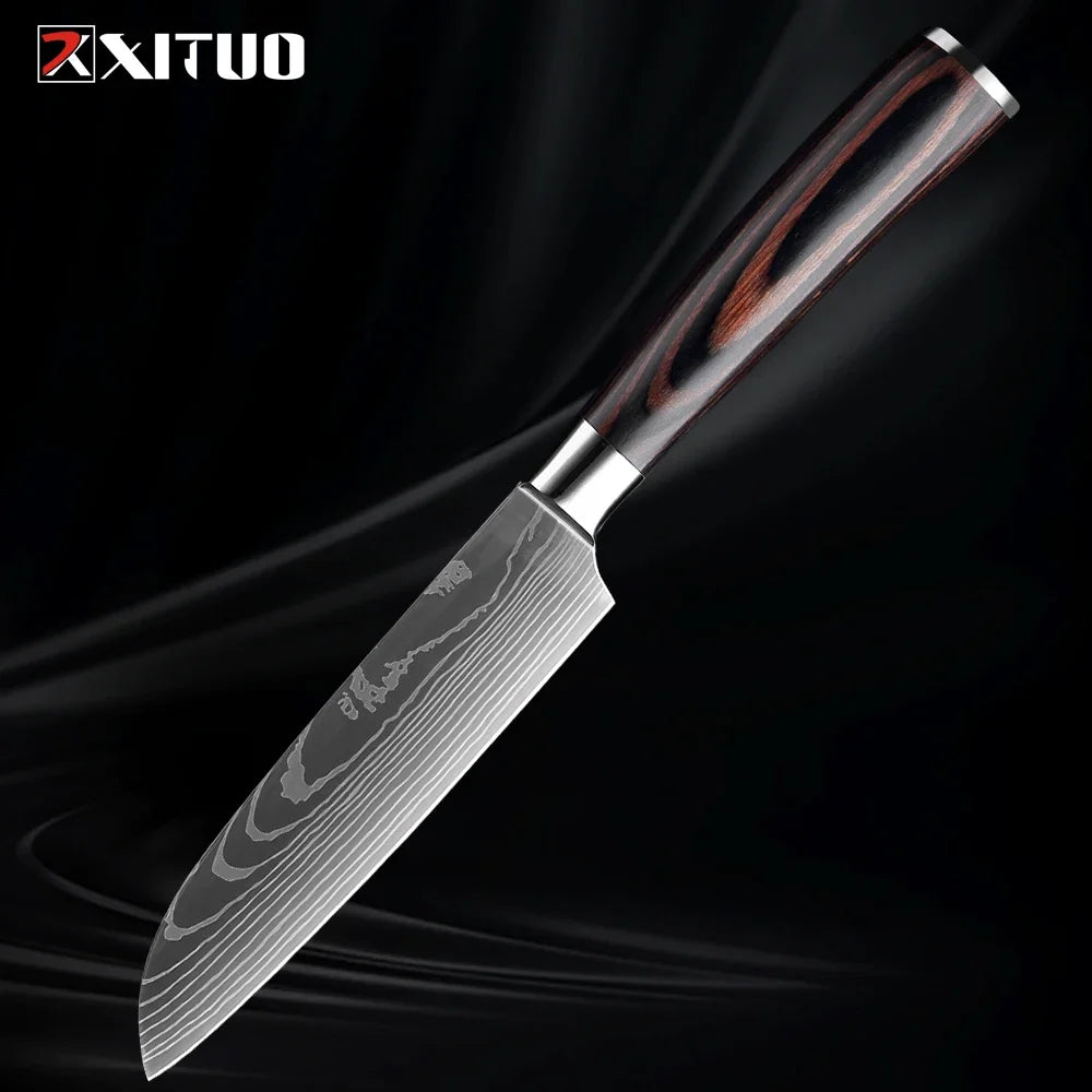 Professional Kitchen Knife Set 1-9PCS, Sharp Chef Knife Santoku Knife Fruit knife 7Cr17Mov Stainless Steel Ergonomic Wood Handle