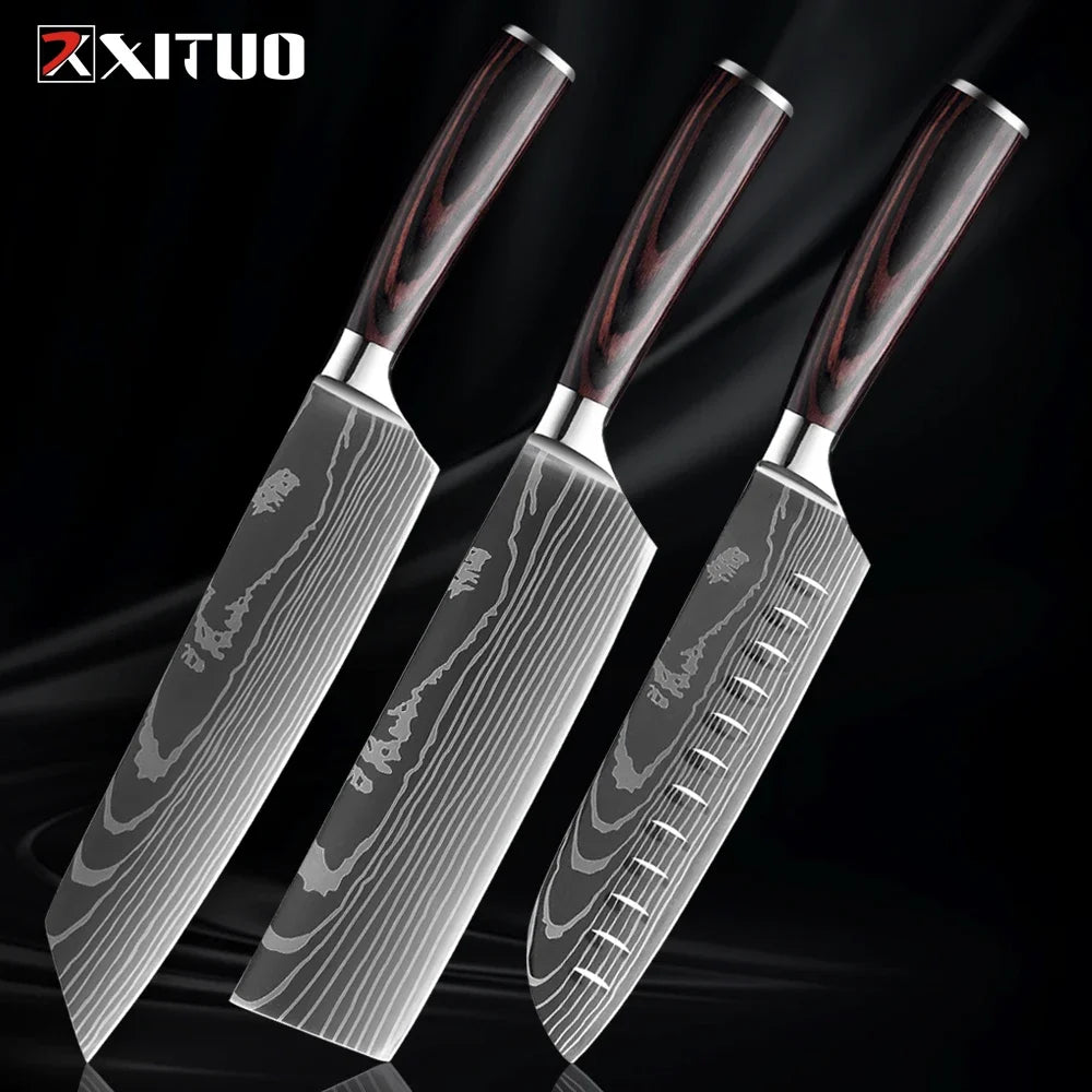 Professional Kitchen Knife Set 1-9PCS, Sharp Chef Knife Santoku Knife Fruit knife 7Cr17Mov Stainless Steel Ergonomic Wood Handle