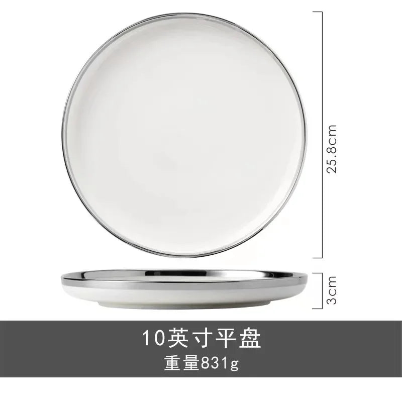 Marble Patterned Light Luxury Silver Edged Household Dishes, Spoons, High-end Dishes, Ceramic Soup Bowls, Modern Tableware