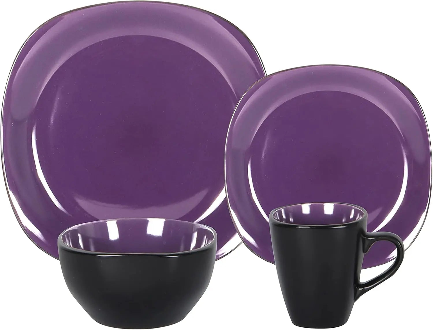 Stoneware Square 16pc Dinnerware Set, Inside Shiny Purple and Outside Matte Black