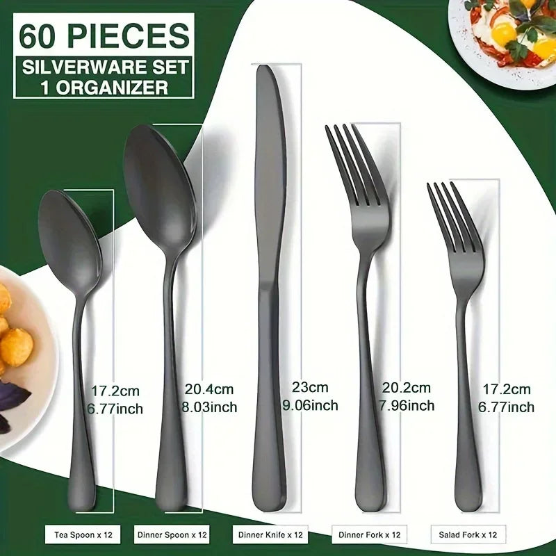 60 Pieces Cutlery Set with Drawer Storage Box Including Knives, Forks Spoons  Dishwasher Safe Suitable Dinnerware Set