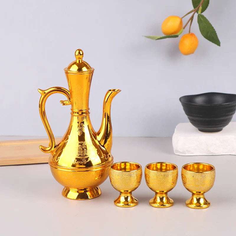 1set Wine Kettle Coffee Pot Set Vintage Wine Glasses Jug Exquisite Tea Pot Golden Teapot Household Classic Temple Offering Cup