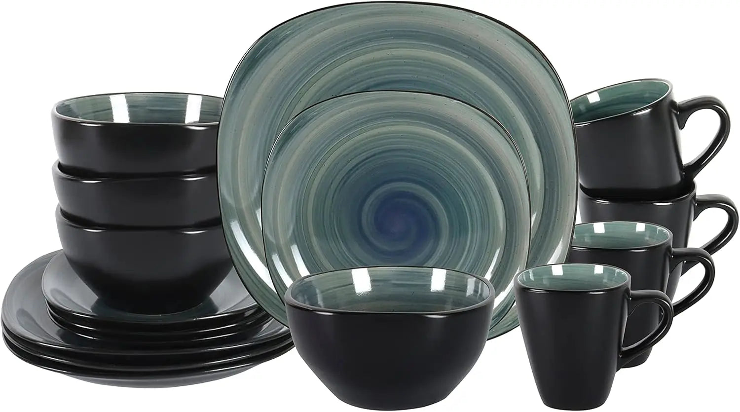 Stoneware Square 16pc Dinnerware Set, Inside Shiny Purple and Outside Matte Black