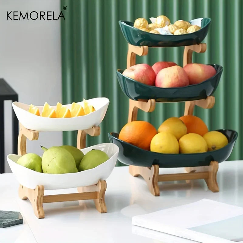 Double/Three layer Modern Wooden Living Room Multi-layer Snack Net Plastic Fruit Plate Wooden Three-layer Dessert Plate