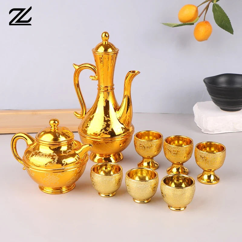 1set Wine Kettle Coffee Pot Set Vintage Wine Glasses Jug Exquisite Tea Pot Golden Teapot Household Classic Temple Offering Cup