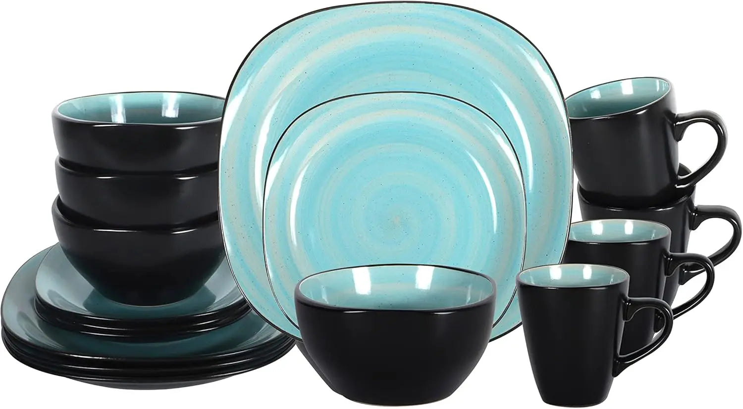 Stoneware Square 16pc Dinnerware Set, Inside Shiny Purple and Outside Matte Black