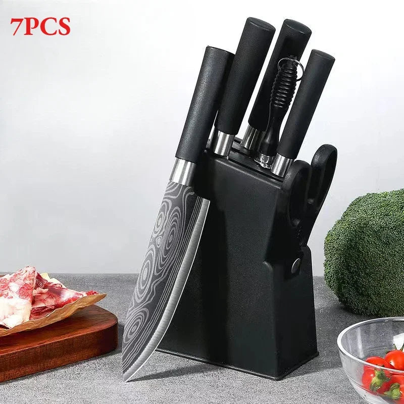 Kitchen Knives Scissors Sharpening Rod Set Laser Damascus Pattern Utility Stainless Steel Sharp Slicing Chef knife Cooking Tool