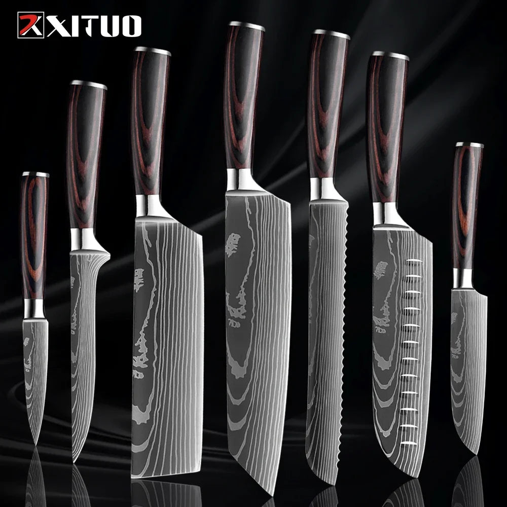 Professional Kitchen Knife Set 1-9PCS, Sharp Chef Knife Santoku Knife Fruit knife 7Cr17Mov Stainless Steel Ergonomic Wood Handle