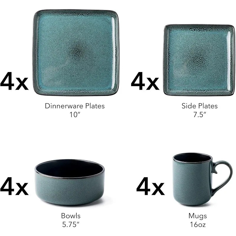 Square Stoneware Dinnerware Set for 4, Dinner Plates, Side Plates, Cereal Bowls, Mugs - Reactive Glaze