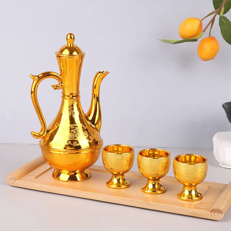 1set Wine Kettle Coffee Pot Set Vintage Wine Glasses Jug Exquisite Tea Pot Golden Teapot Household Classic Temple Offering Cup