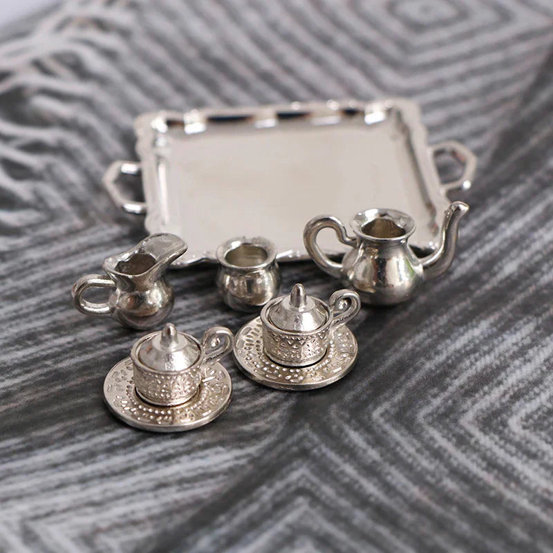 10pcs/Set 1/12 Dollhouse Miniature Silver Metal Tea Coffee Tray Model Kitchen Tableware Set For Doll House Decor Kids Toys Gift