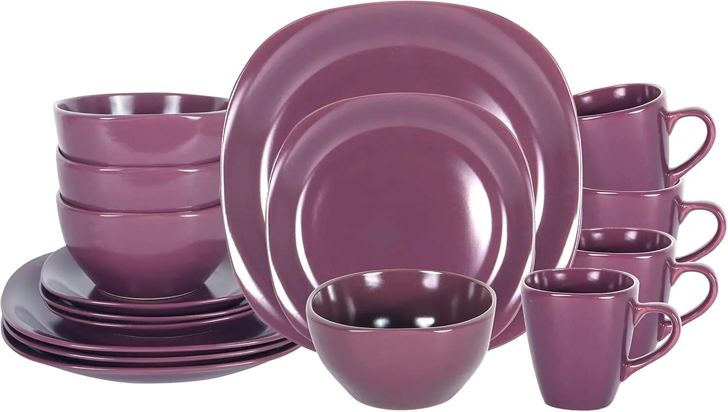 Stoneware Square 16pc Dinnerware Set, Inside Shiny Purple and Outside Matte Black