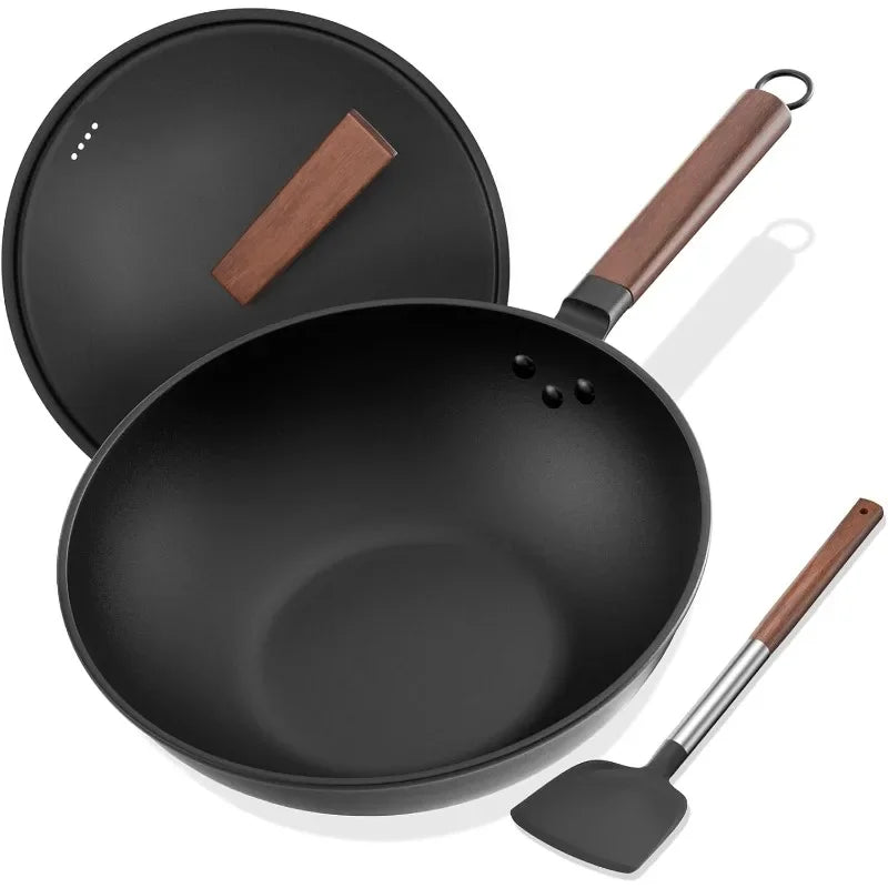 Carbon Steel Wok, 13-Inch, Pre-Seasoned, Non-Stick, with Lid and Spatula, Flat Bottom, Ideal for Stovetop Cooking