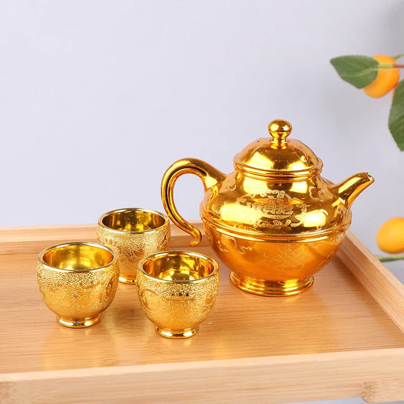 1set Wine Kettle Coffee Pot Set Vintage Wine Glasses Jug Exquisite Tea Pot Golden Teapot Household Classic Temple Offering Cup