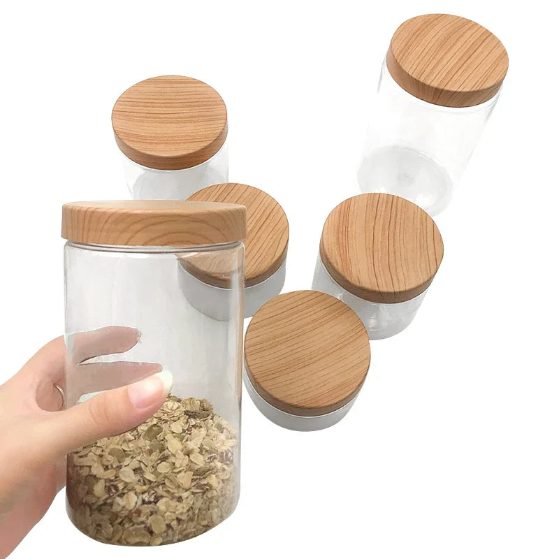 100ml 200ml 300ml 500ml Empty Clear Pet Jars Containers With Imitation Wood Texture Lids  Jar Home Plastic Seasoning Bottle